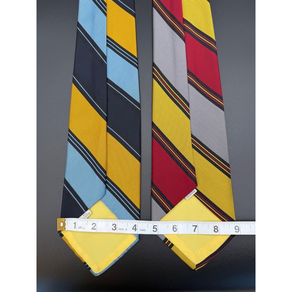Lot of 2 Mens Striped Neckties Blue Yellow Red Grey Polyester Classic Wide Tie - Picture 5 of 6